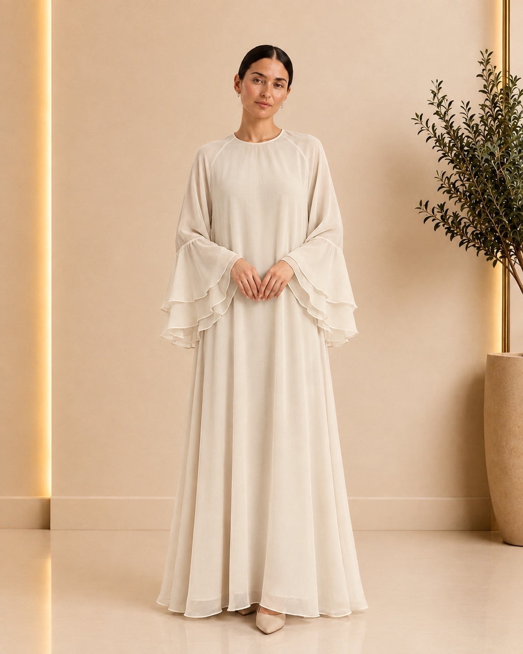 Elegant Ivory Layered-Sleeve Abaya