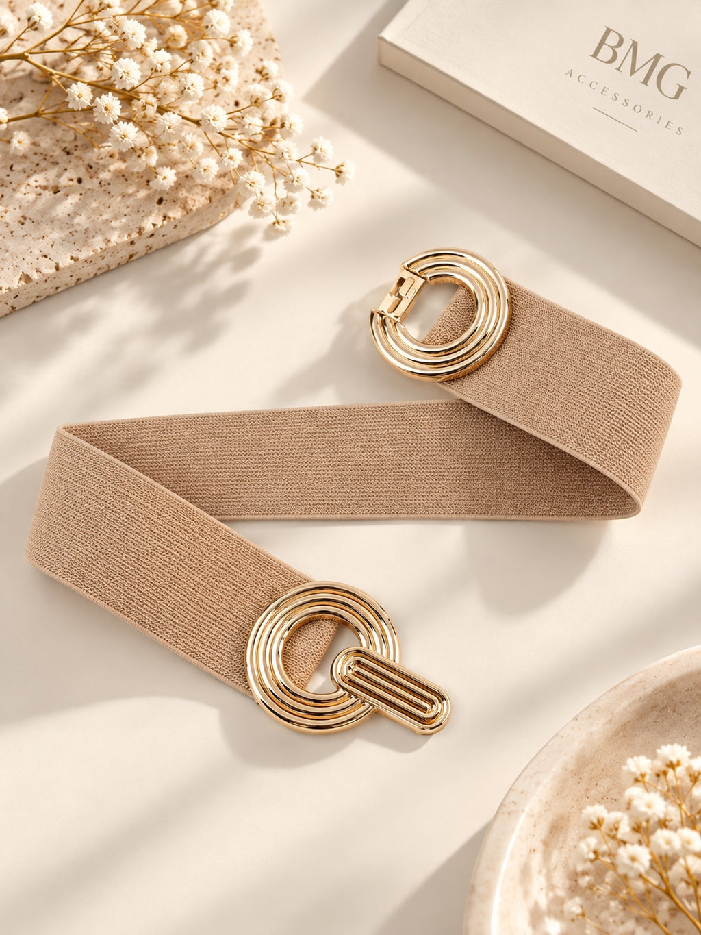 Beige Gold Double Ring Elastic Belt