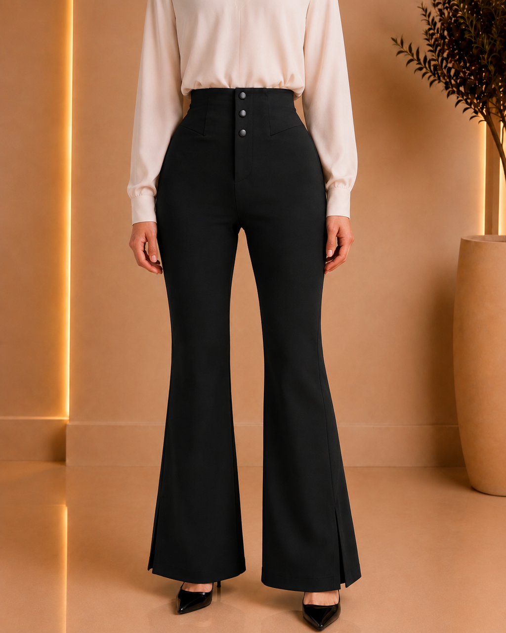 High-Waist Black Flared Trousers