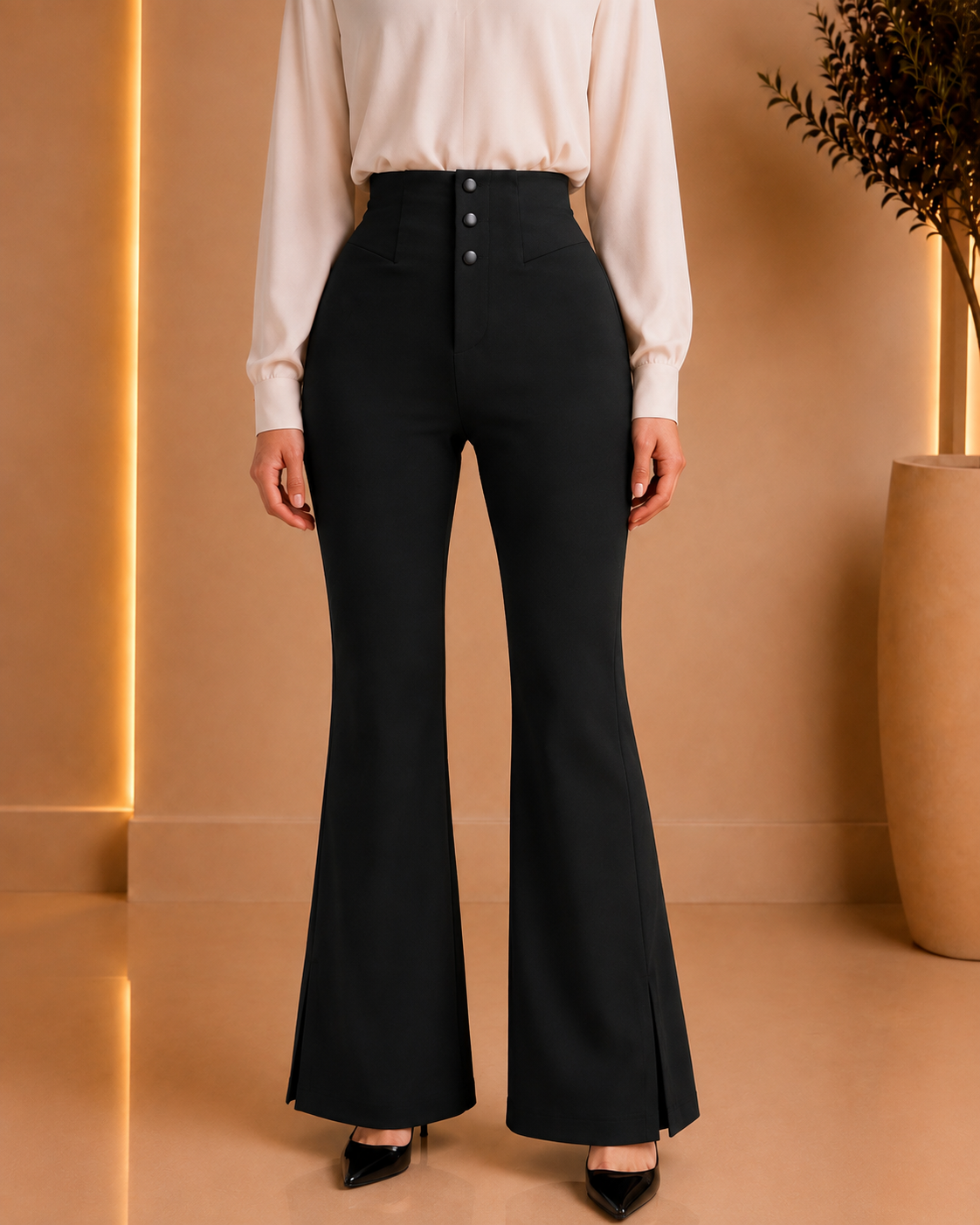 High-Waist Black Flared Trousers