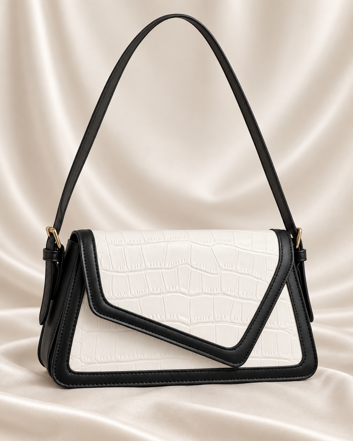 Ivory Croc-Embossed Contrast Shoulder Bag