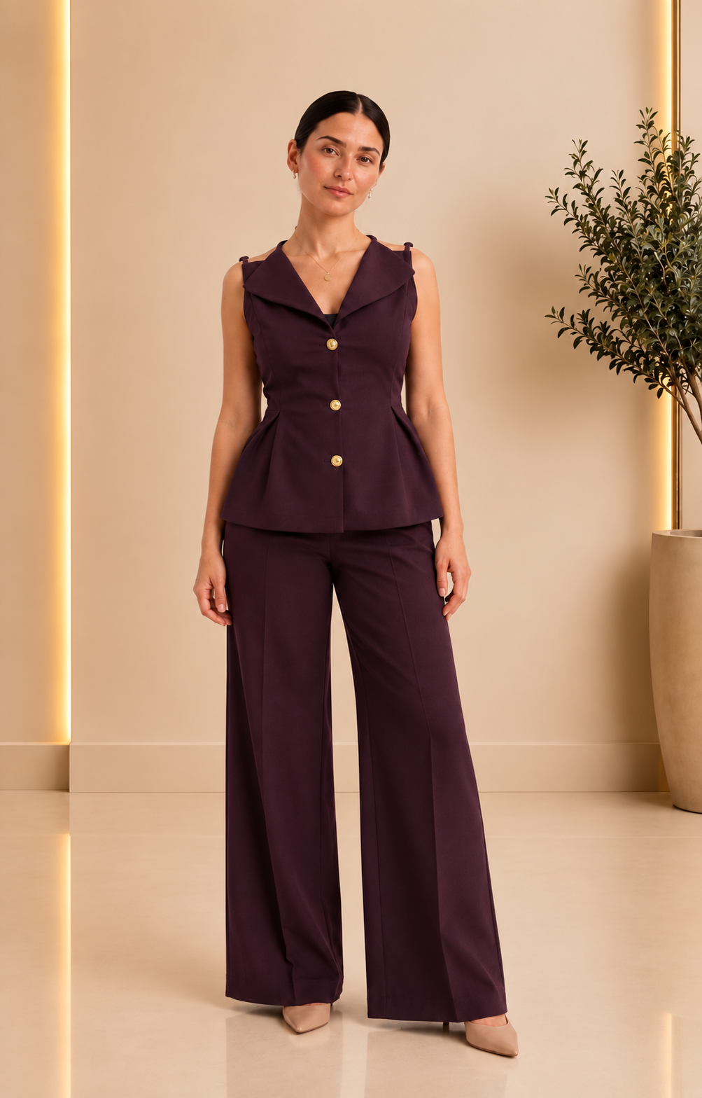 Plum Tailored Vest & Wide-Leg Pants Set