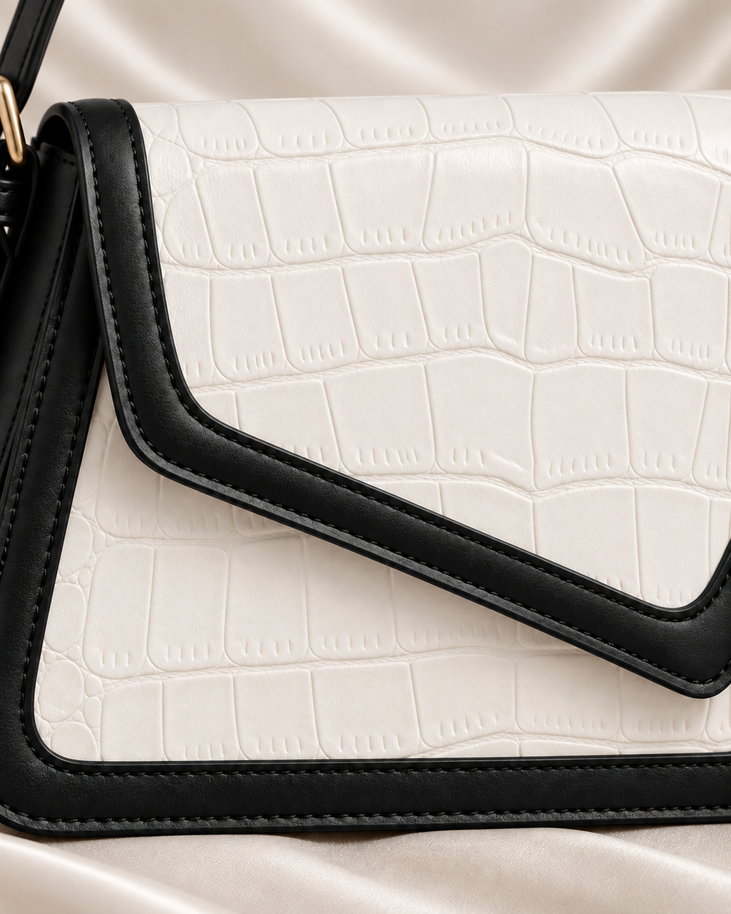Ivory Croc-Embossed Contrast Shoulder Bag