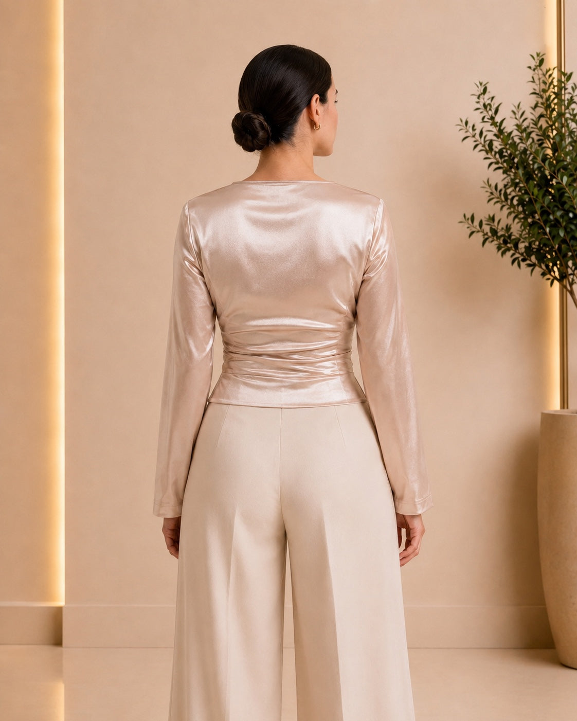 Champagne Satin Bow Ruched Bodysuit