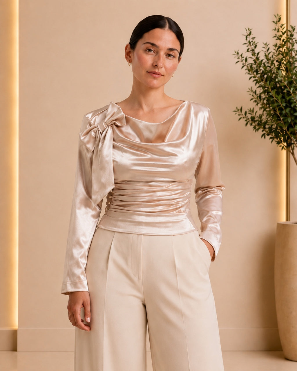 Champagne Satin Bow Ruched Bodysuit