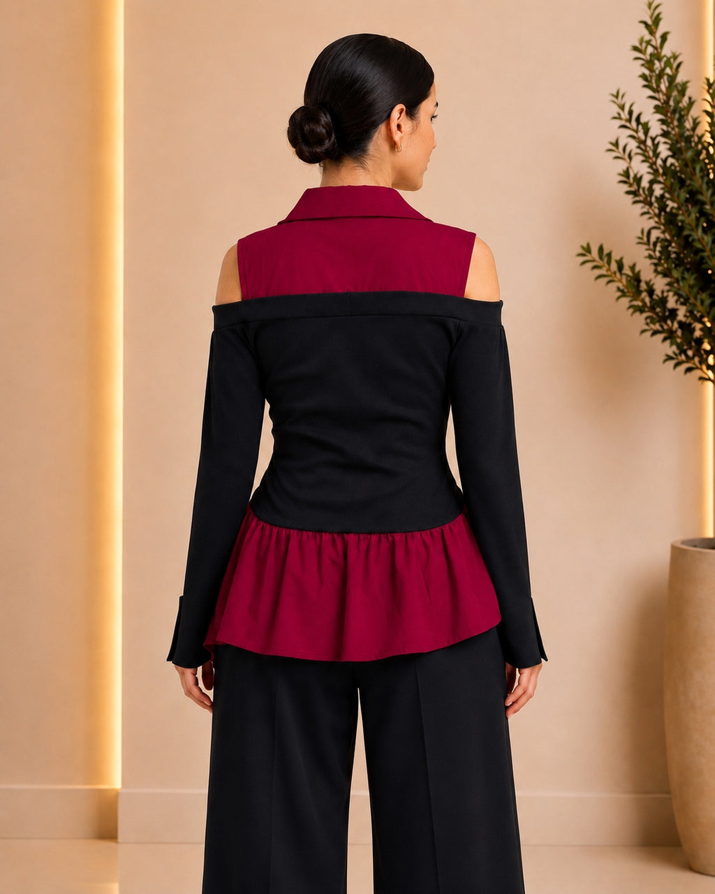 Burgundy & Black Ribbed Cold-Shoulder Top