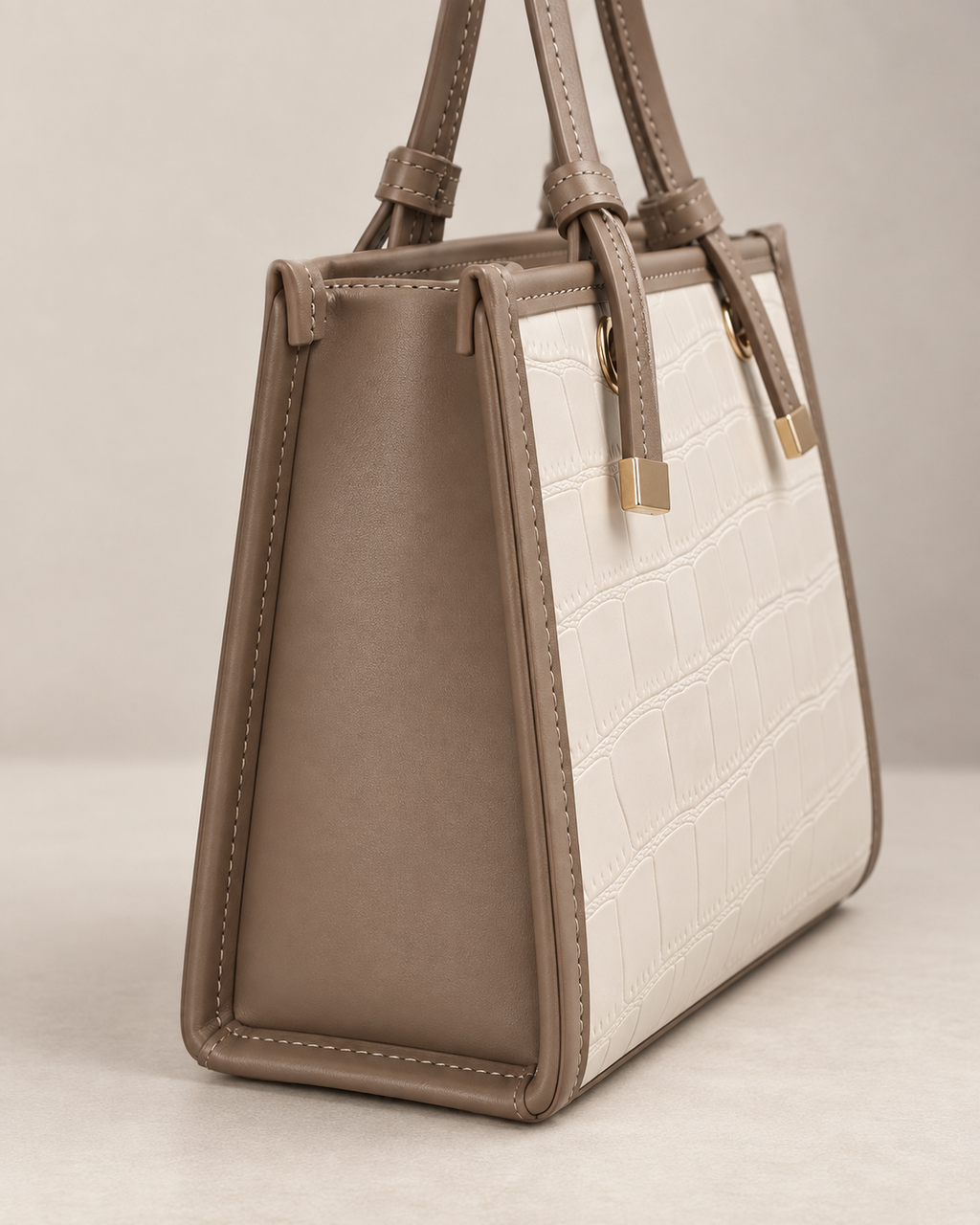 Ivory Croc-Embossed Structured Tote Bag