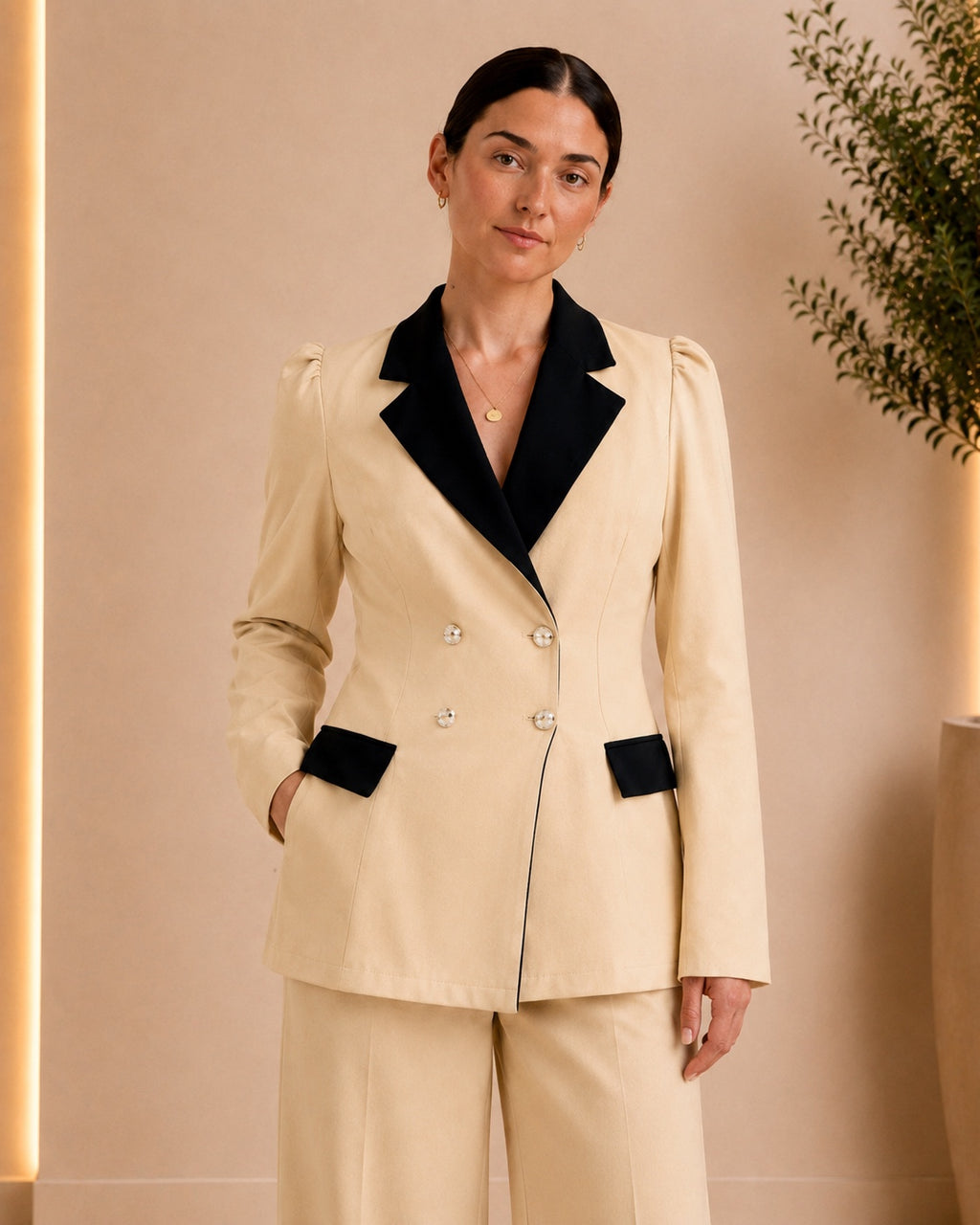 Beige Contrast Lapel Blazer