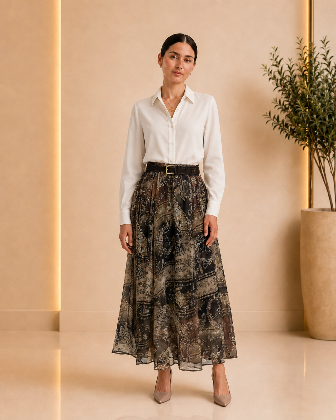 High-Waist Paisley Chiffon Maxi Skirt