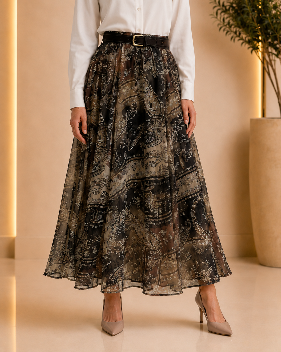 High-Waist Paisley Chiffon Maxi Skirt