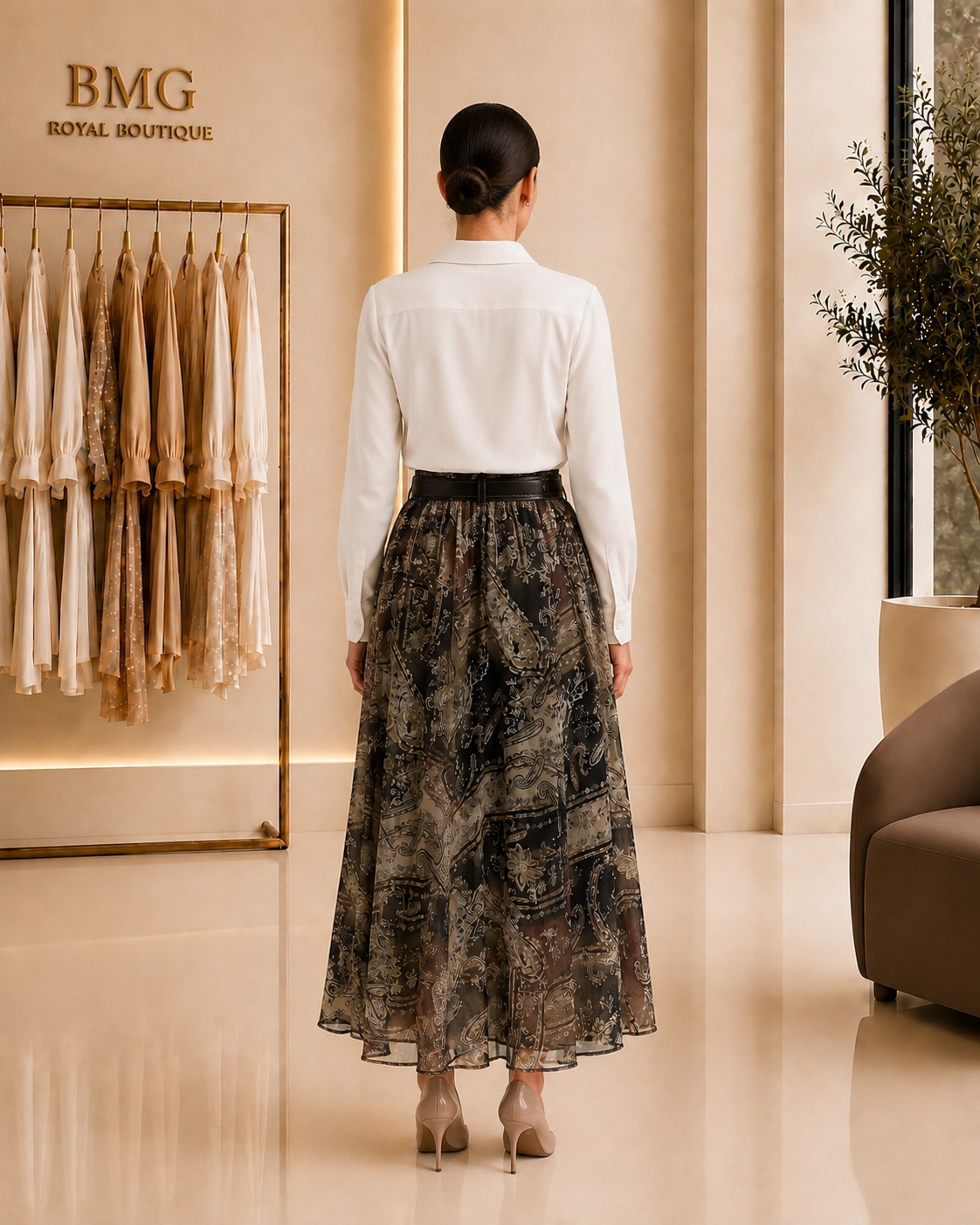 High-Waist Paisley Chiffon Maxi Skirt