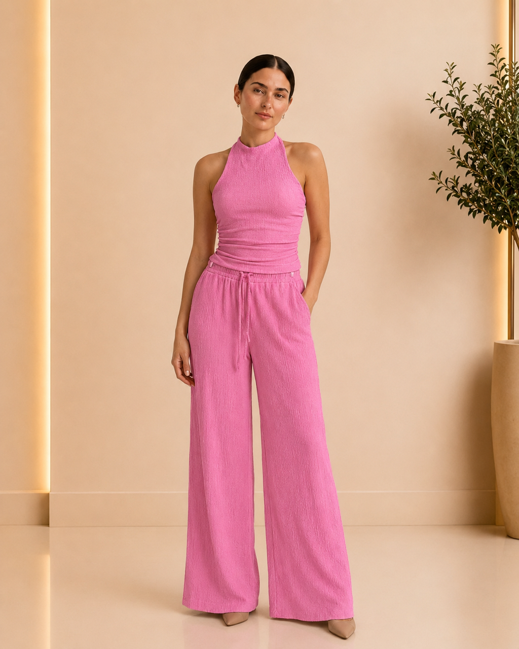Pink Textured Halter Top & Pants Set