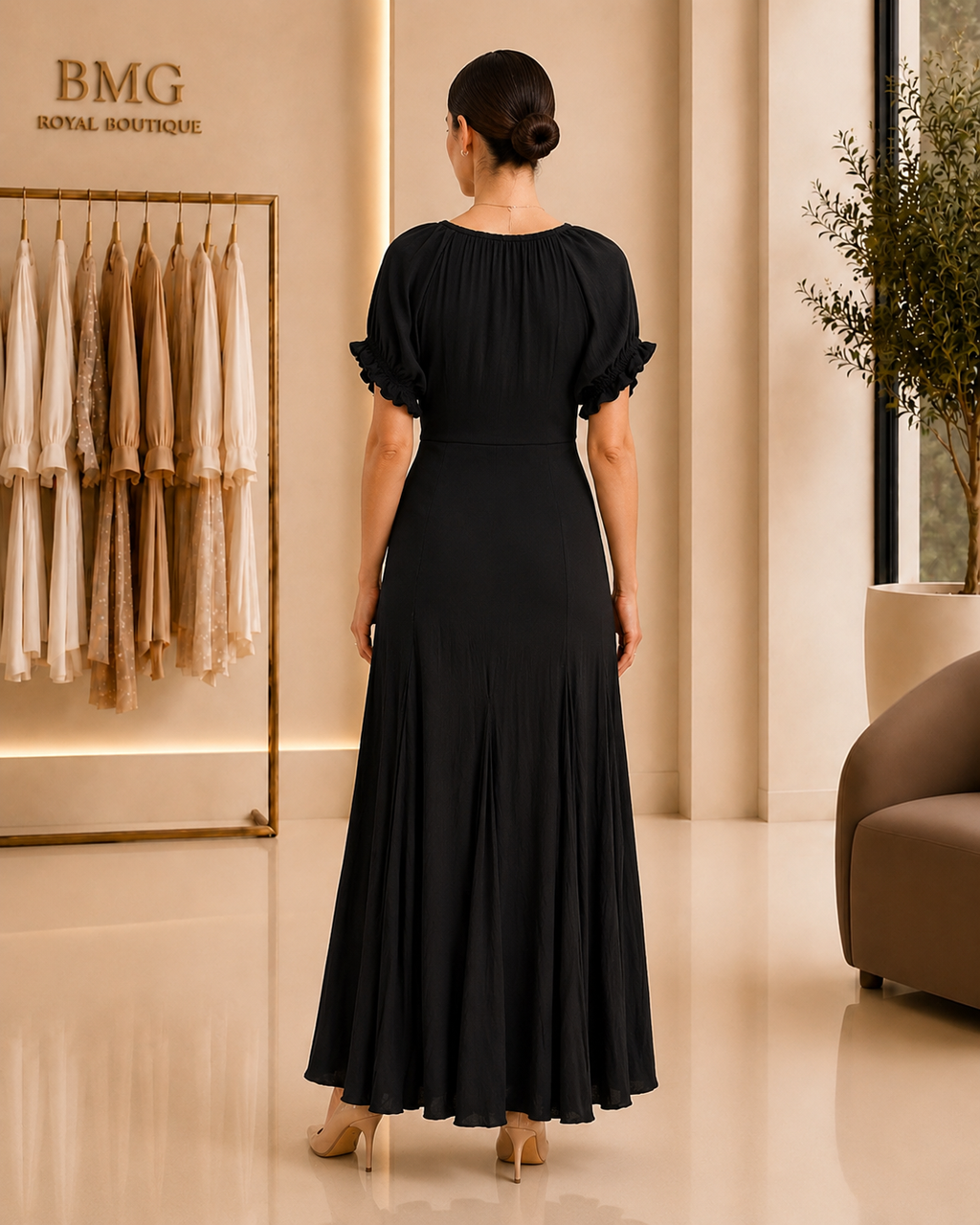 Black Gathered-Neck Maxi Dress