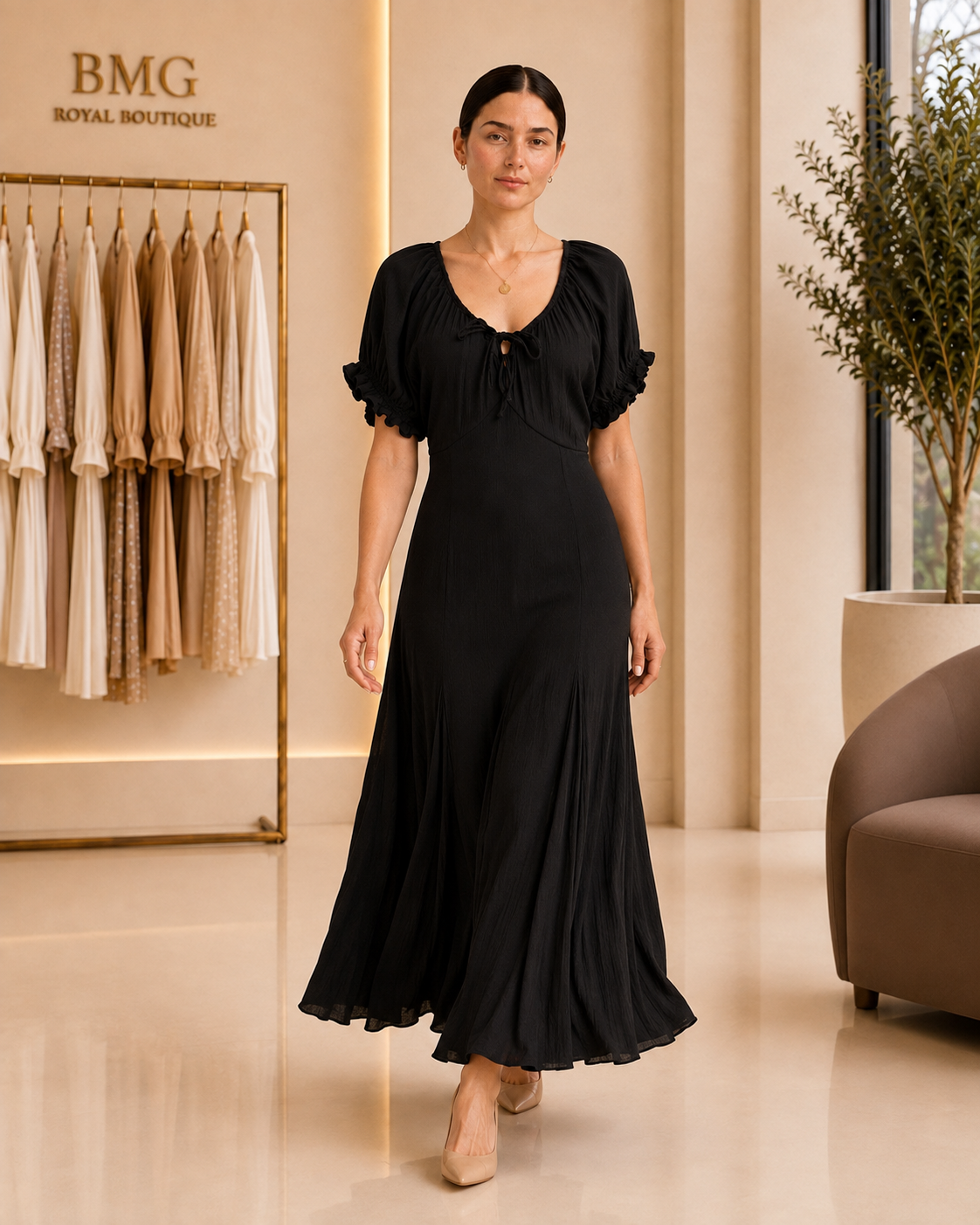 Black Gathered-Neck Maxi Dress