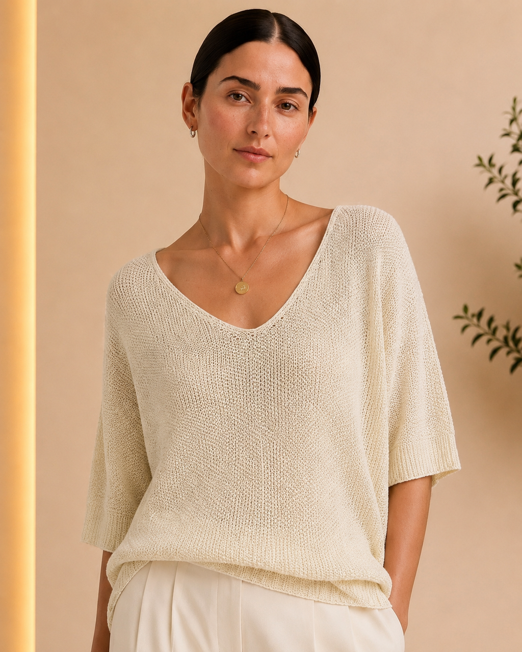 Ivory Open-Knit V-Neck Top