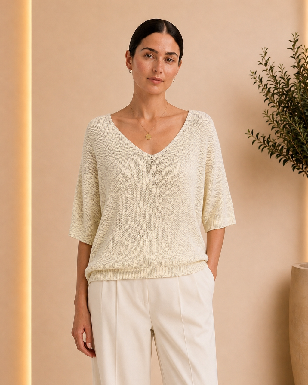 Ivory Open-Knit V-Neck Top