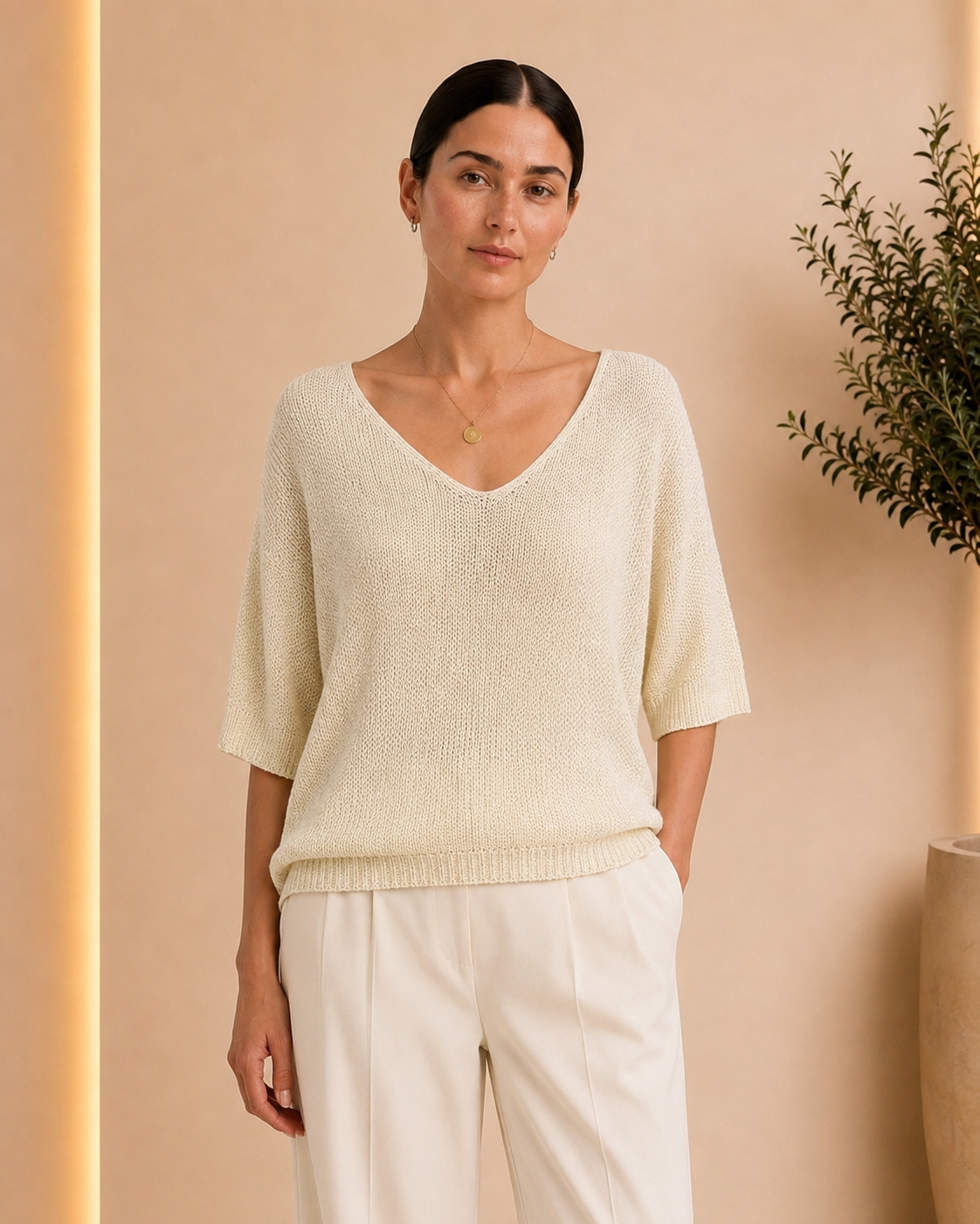 Ivory Open-Knit V-Neck Top