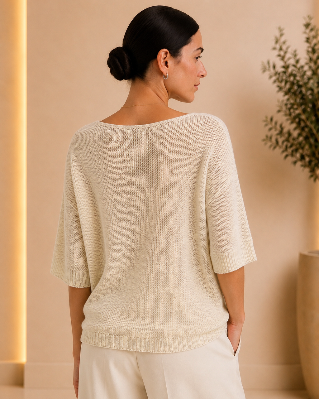 Ivory Open-Knit V-Neck Top