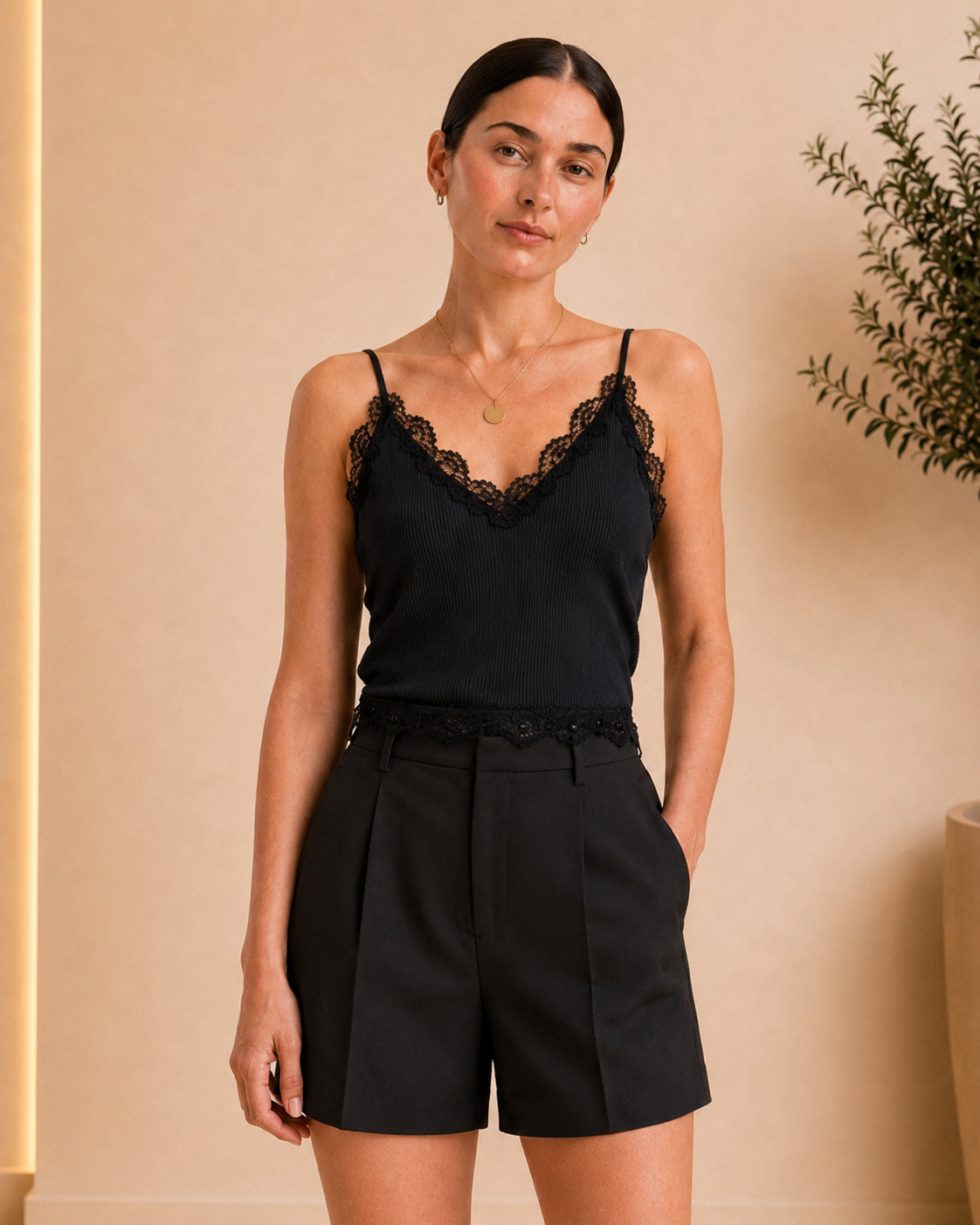 Black Lace Trim Ribbed Cami Top