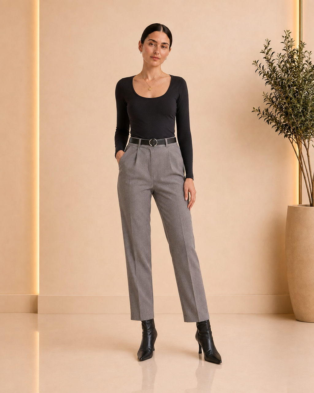Grey High-Waist Tailored Pants