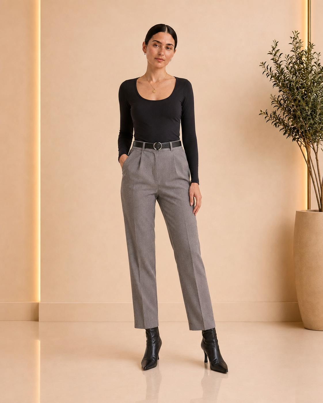Grey High-Waist Tailored Pants