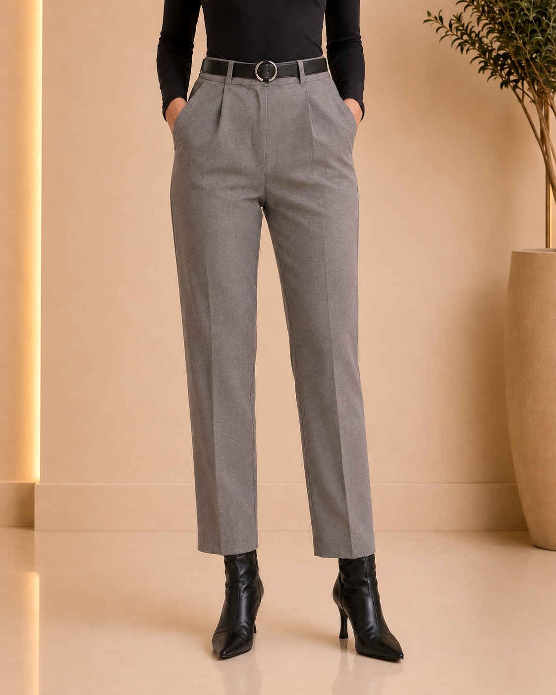 Grey High-Waist Tailored Pants