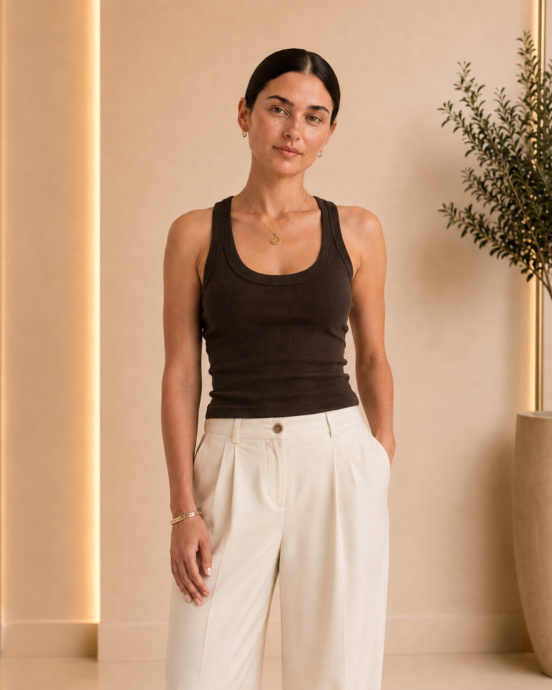 Chocolate Brown Ribbed Scoop-Neck Tank Top