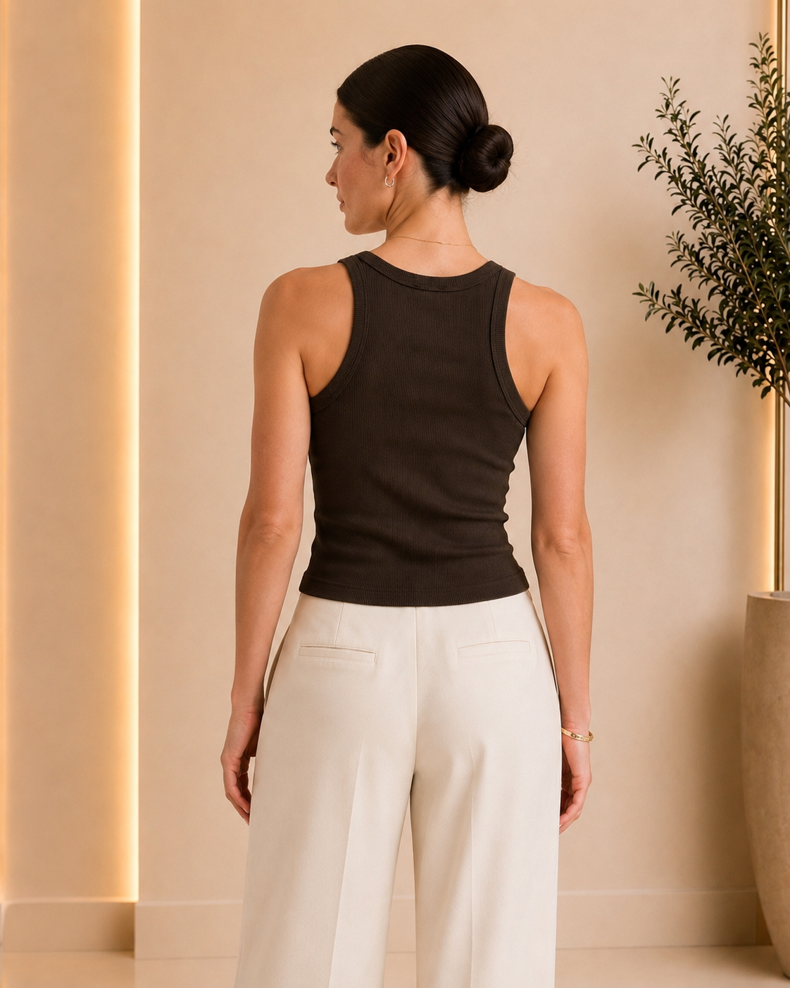 Chocolate Brown Ribbed Scoop-Neck Tank Top
