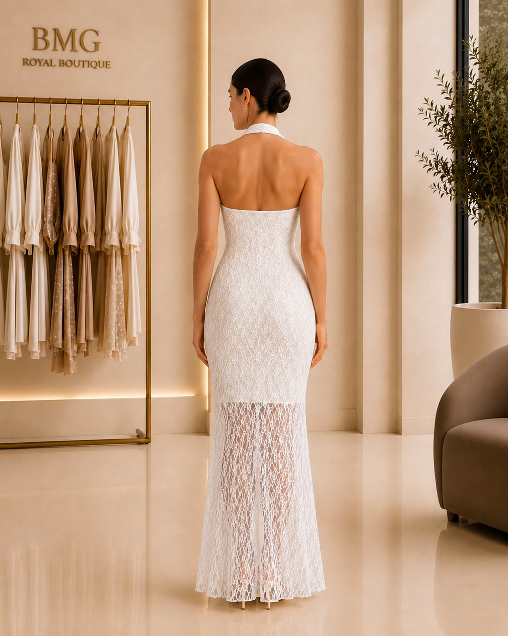 White Lace Halter Neck Maxi Dress