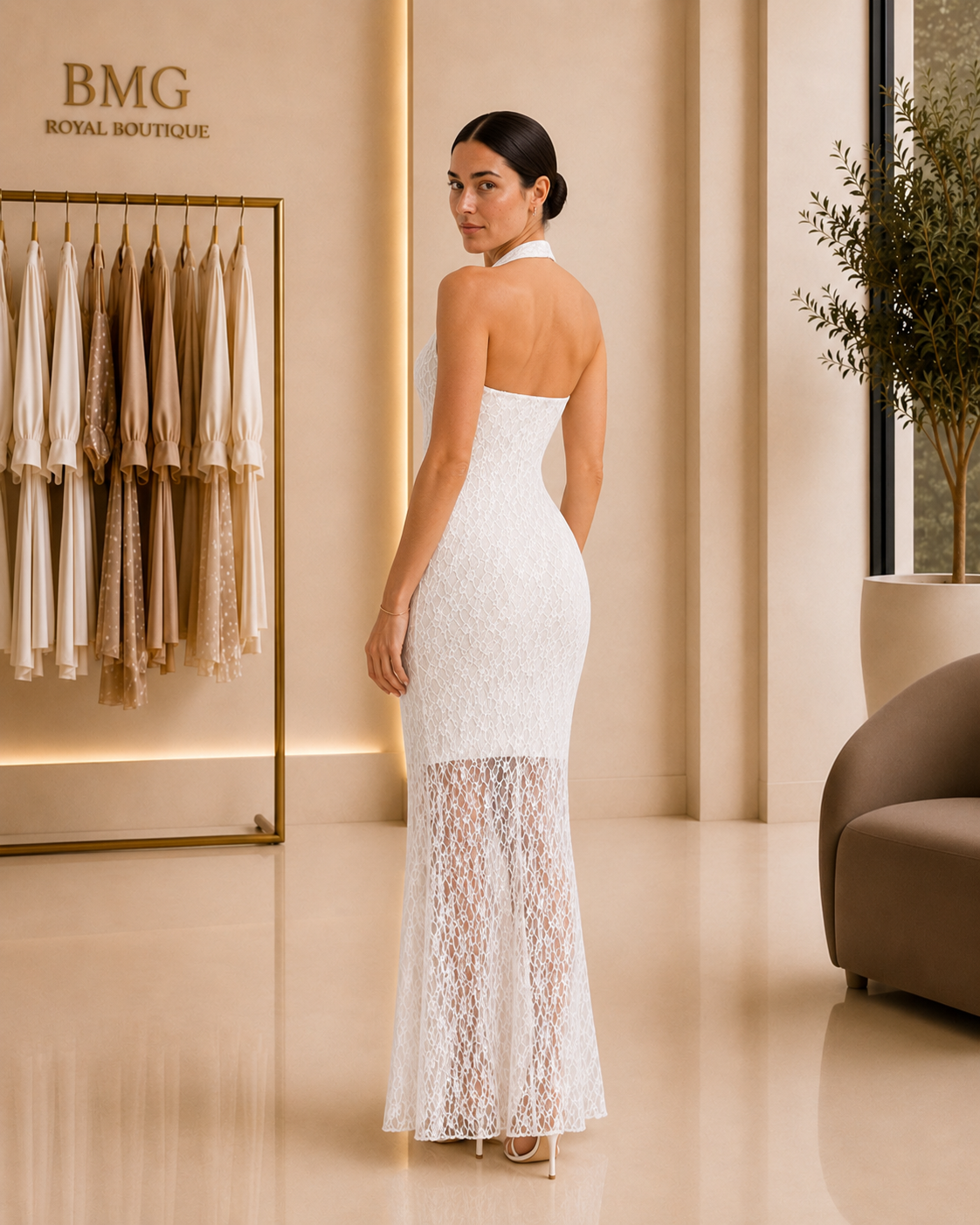 White Lace Halter Neck Maxi Dress
