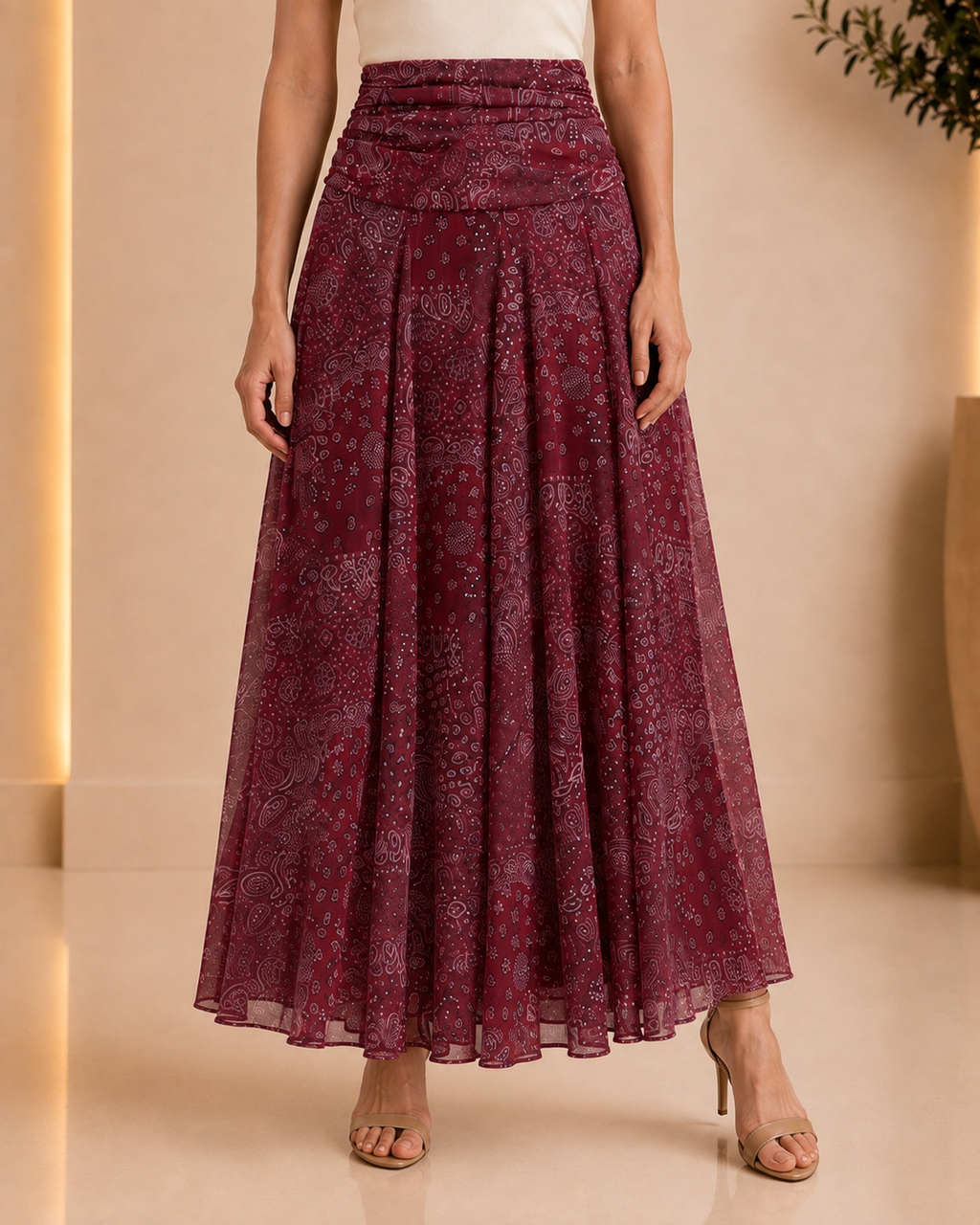 Burgundy Paisley Ruched Maxi Skirt