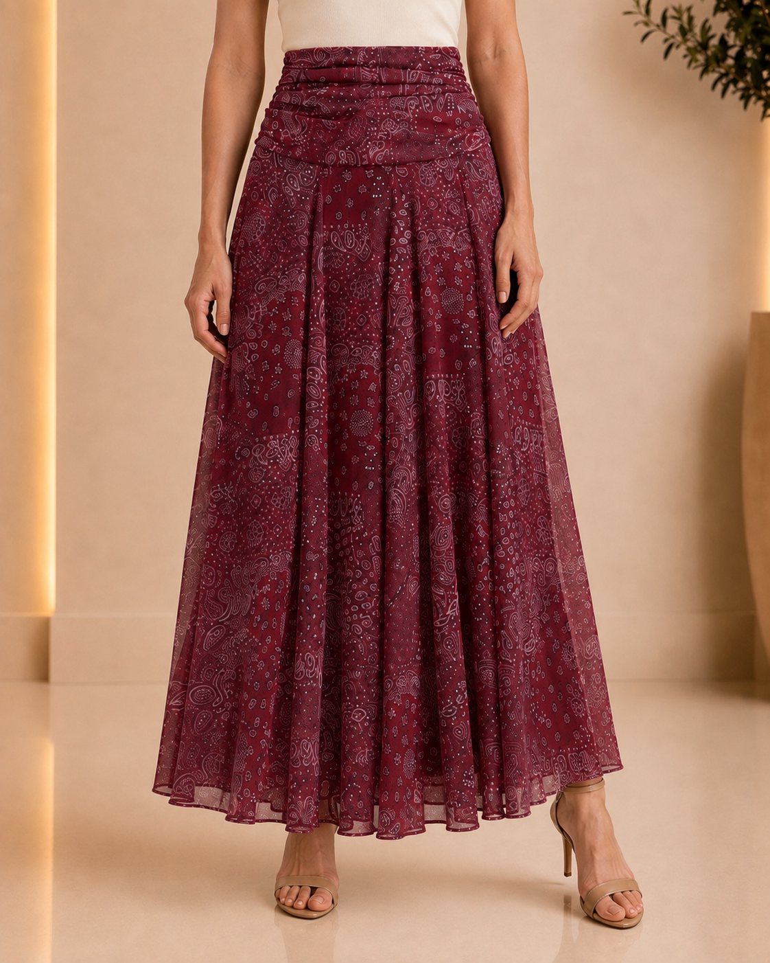 Burgundy Paisley Ruched Maxi Skirt