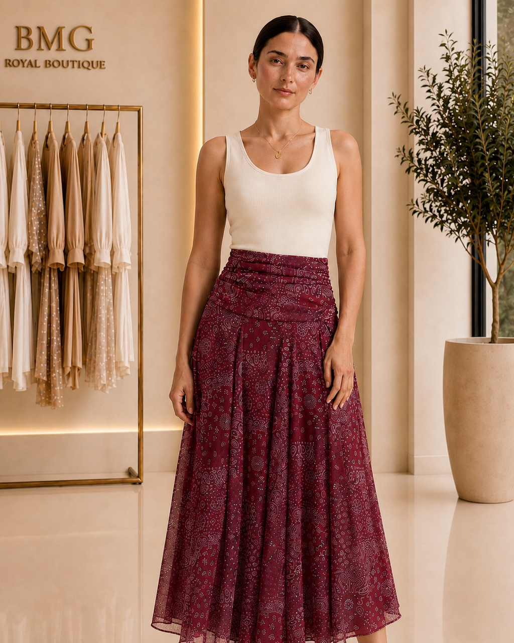 Burgundy Paisley Ruched Maxi Skirt