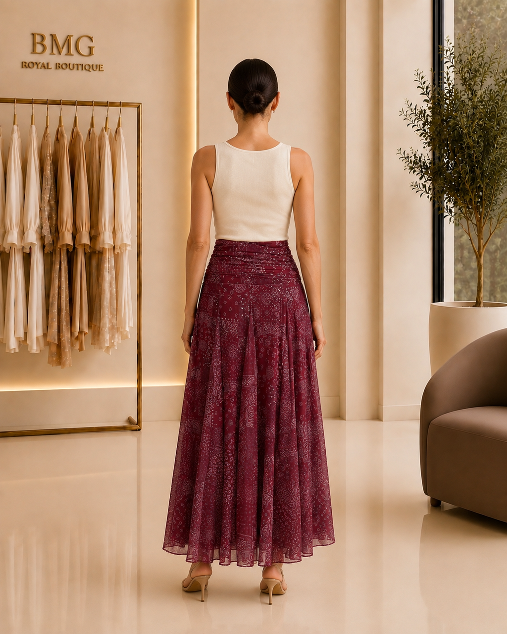 Burgundy Paisley Ruched Maxi Skirt