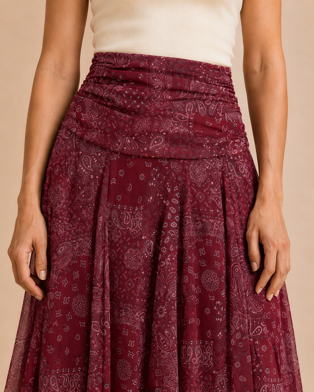 Burgundy Paisley Ruched Maxi Skirt