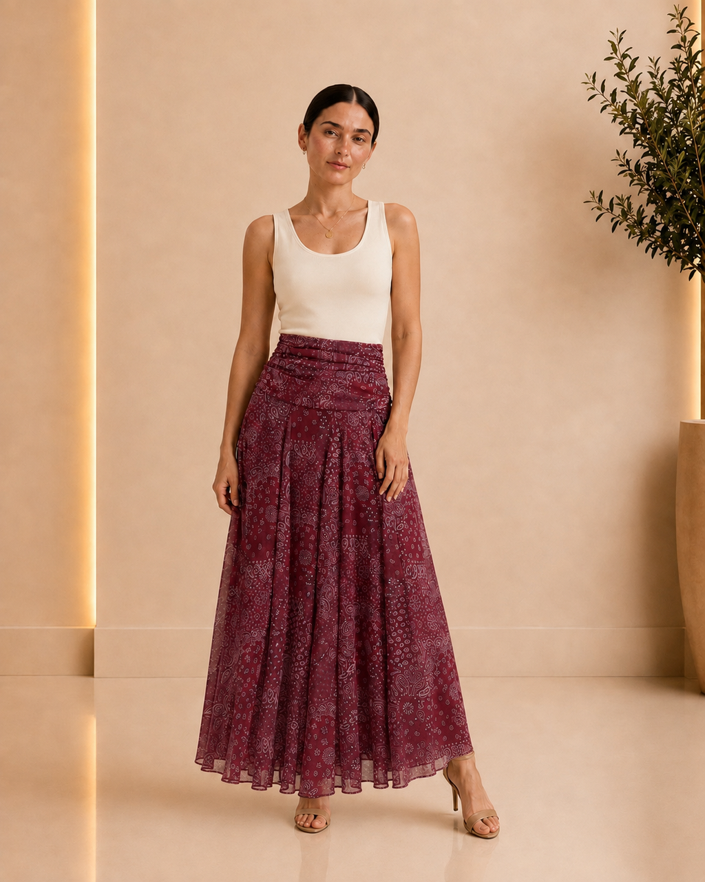 Burgundy Paisley Ruched Maxi Skirt