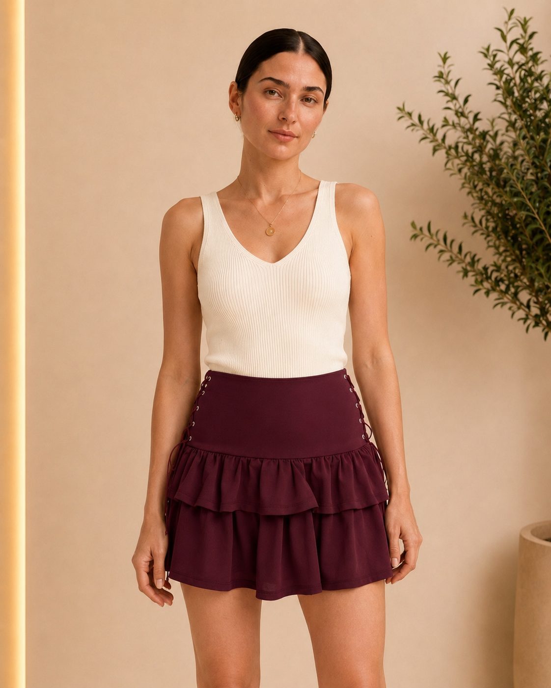 Burgundy Lace-Up Ruffle Mini Skirt