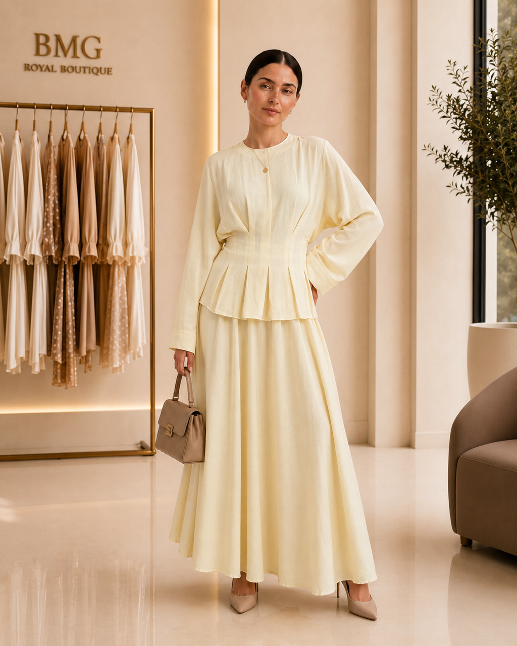Butter Yellow Pleated Skirt Set