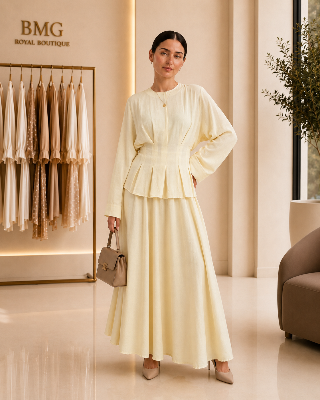 Butter Yellow Pleated Skirt Set