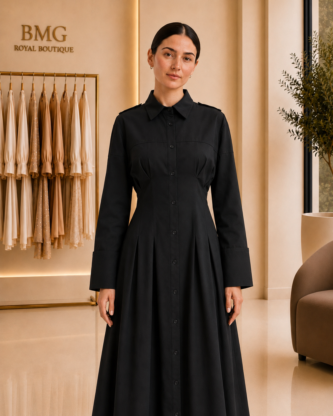 Black Pleated Button-Down Maxi Dress