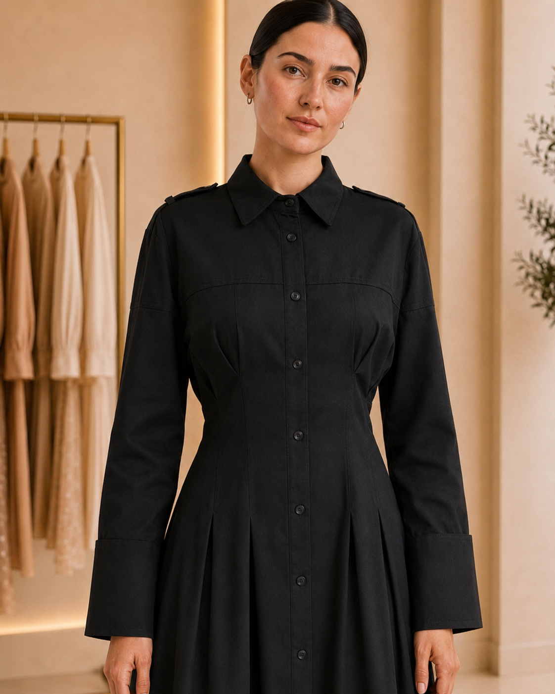 Black Pleated Button-Down Maxi Dress