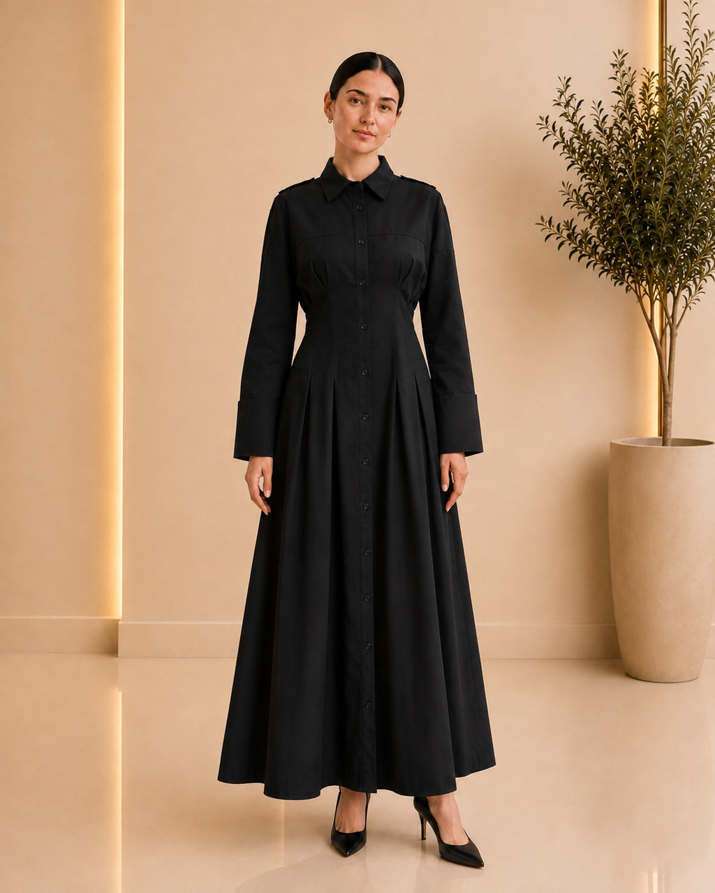 Black Pleated Button-Down Maxi Dress