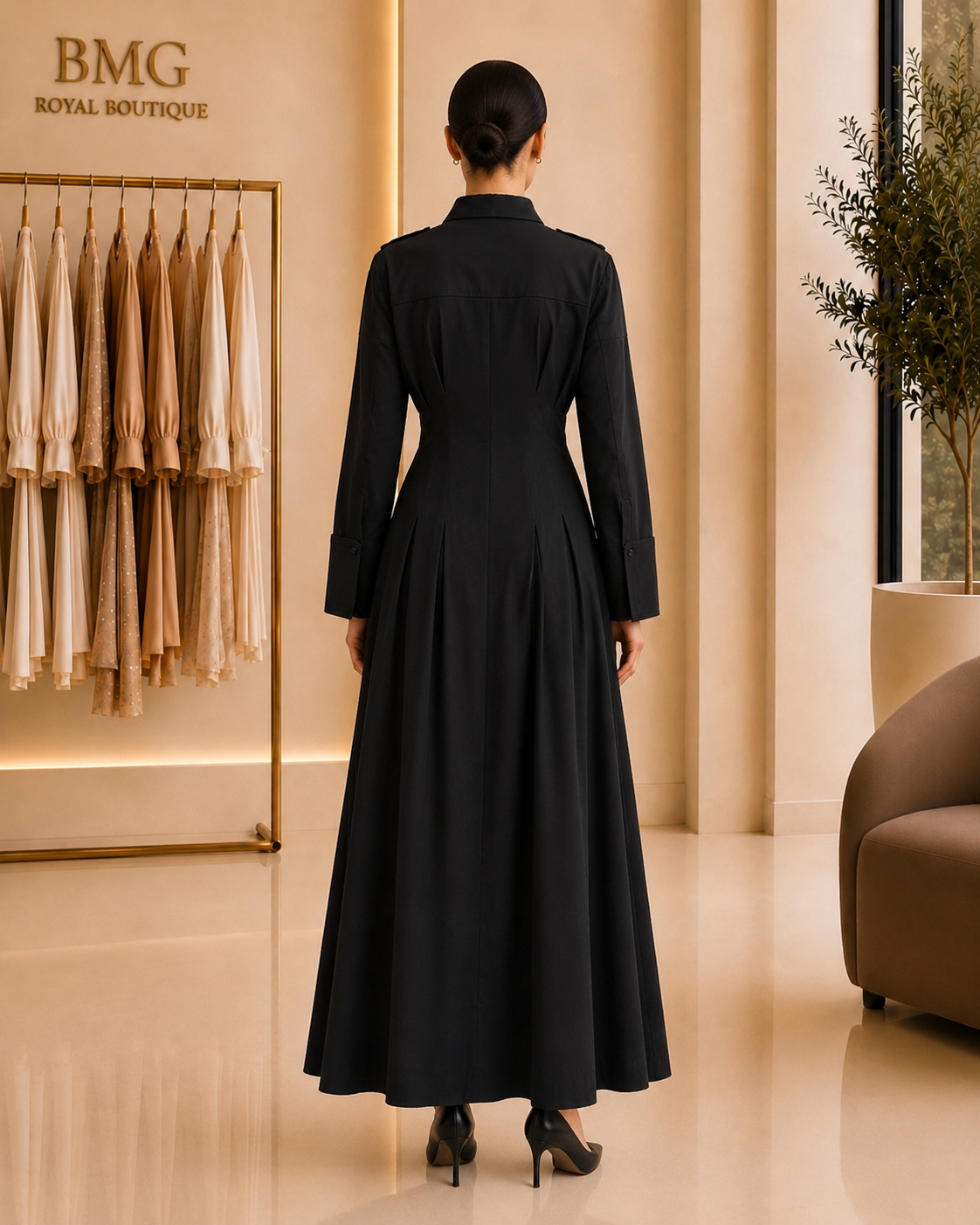 Black Pleated Button-Down Maxi Dress