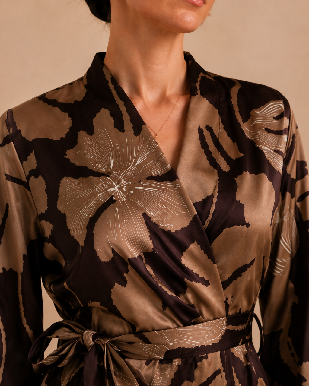 Mocha Bloom Satin Wrap Dress