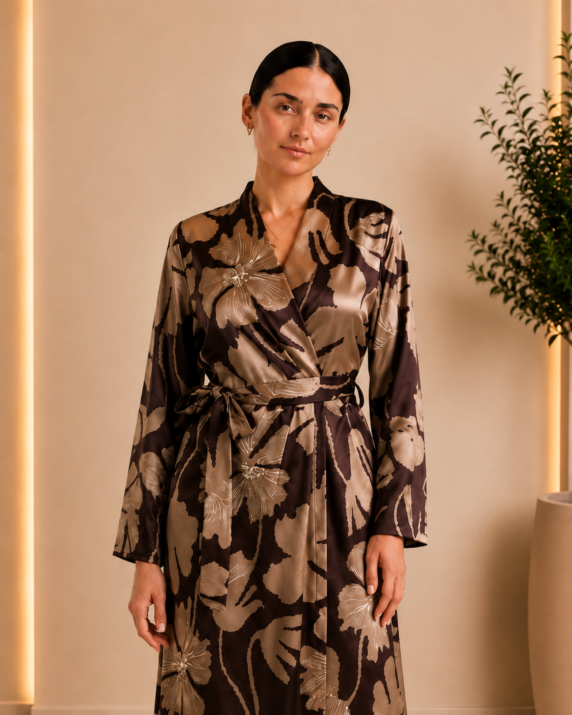Mocha Bloom Satin Wrap Dress