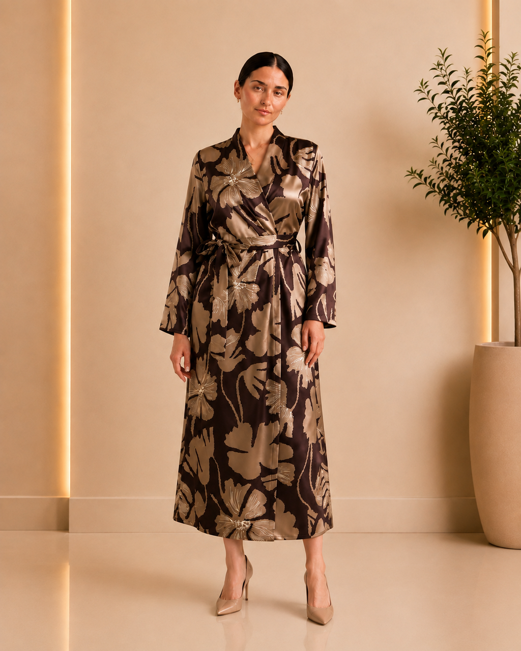 Mocha Bloom Satin Wrap Dress