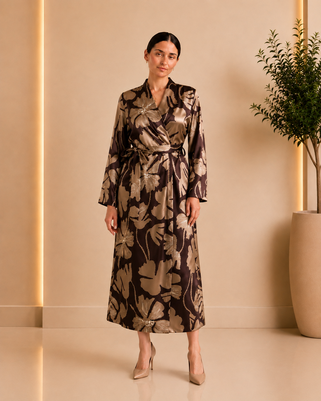 Mocha Bloom Satin Wrap Dress