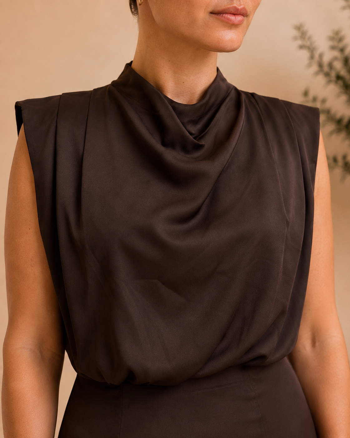 Chocolate Brown Lace-Trim Draped Dress