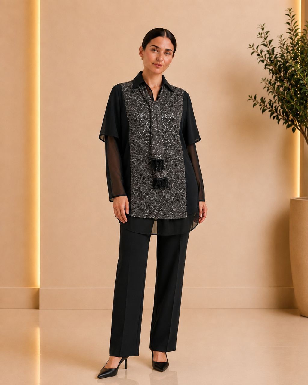 Metallic Lace Layered Black Shirt