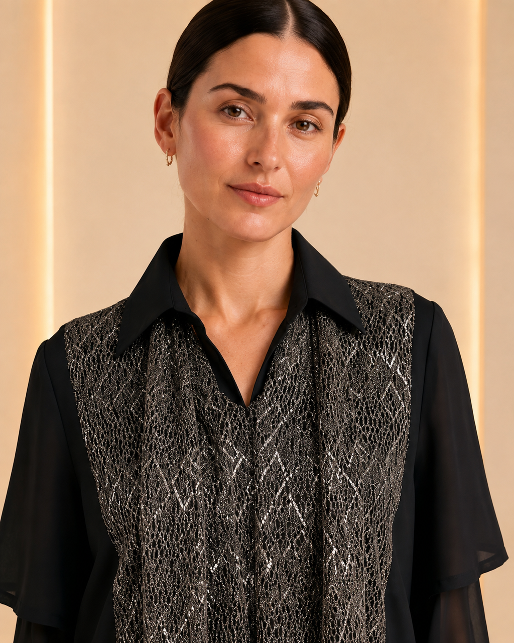 Metallic Lace Layered Black Shirt